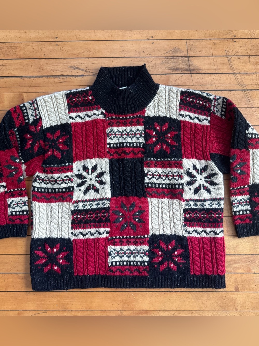 Vintage 90s Jones New York Wool blend red black snowflake Holiday sweater.